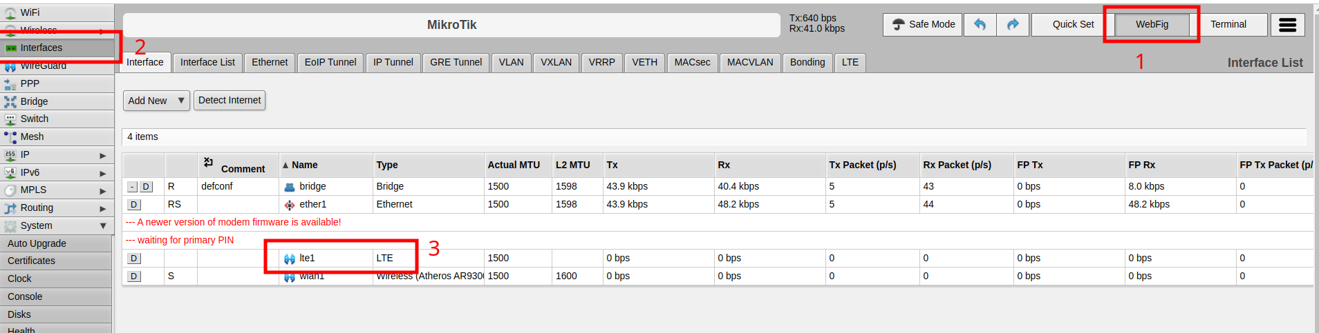 MikroTik set LTE pin via WebFig - step 1