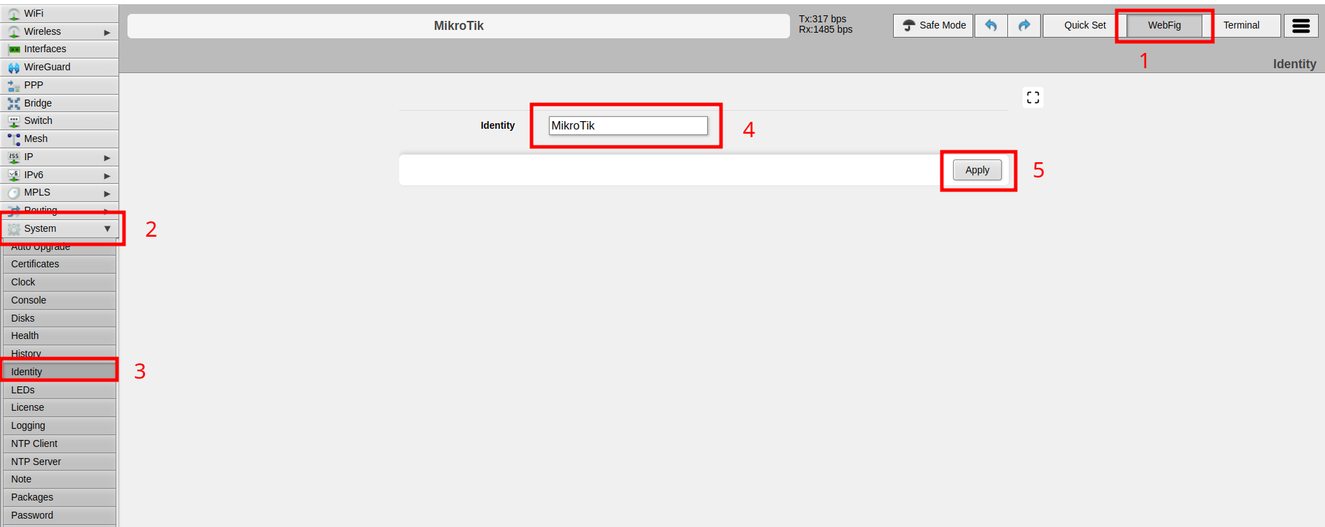 MikroTik set system identity via WebFig