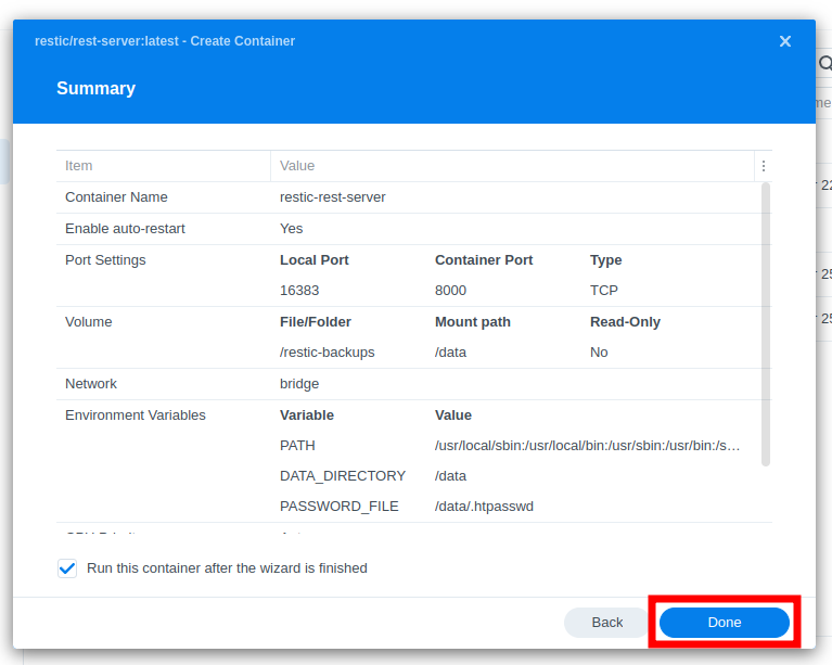 Create Restic REST-Server container on Synology